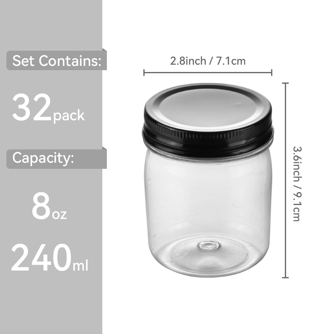 Plastic Mason Jars Reusable Storage Containers with Silver Airtight Lid 8 Ounce Clear Jars for Dry Foods