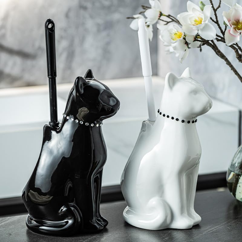 Ceramic Cat White Toilet Brush and Holder Set with Plastic Handle (2 Count)