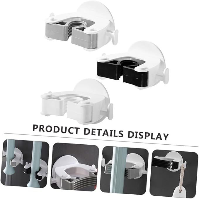 3Pcs Wall Mounted Broom Mop Holder No Drill Sundries Organizer with Adhesive Hooks Heavy Duty TPR Design for Bathroom Kitchen Garage and Living Storage