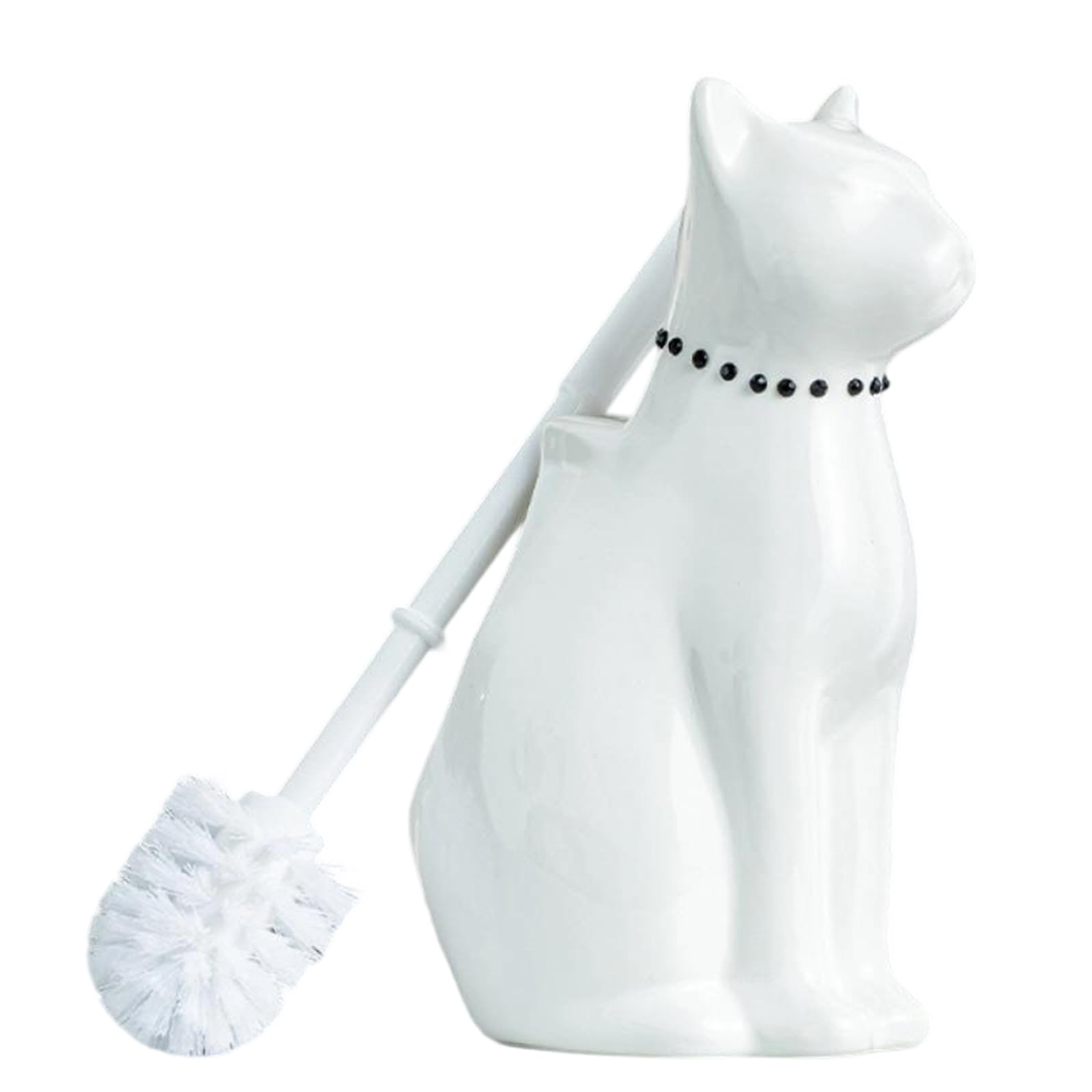 Ceramic Cat White Toilet Brush and Holder Set with Plastic Handle (2 Count)