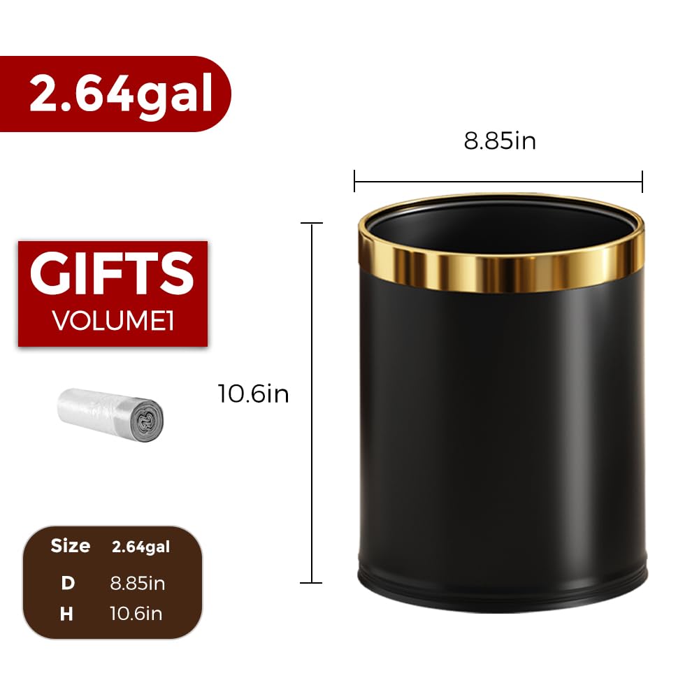 10L 2.6GAL Black and Gold Open Top Trash Can