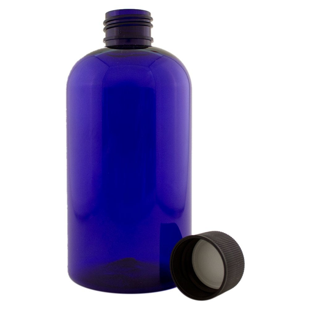 8 fl oz Cobalt Blue Plastic Bottle with Black Cap