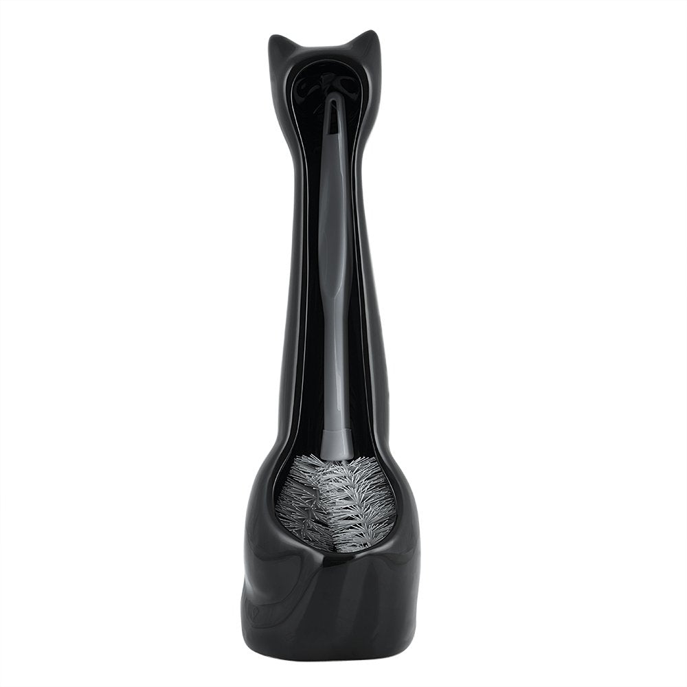 Cat 3 Piece Black Ceramic Toilet Brush Holder with White Plastic Brush and Soap Dispenser Set