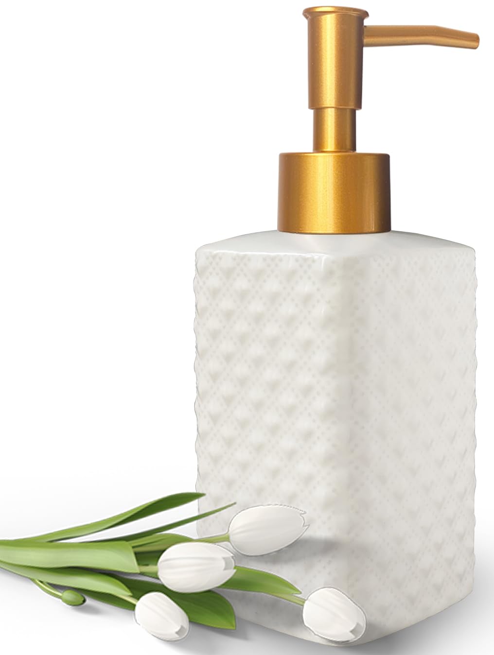 Chic Unique White Soap Dispenser for Bathroom with Golden Pump