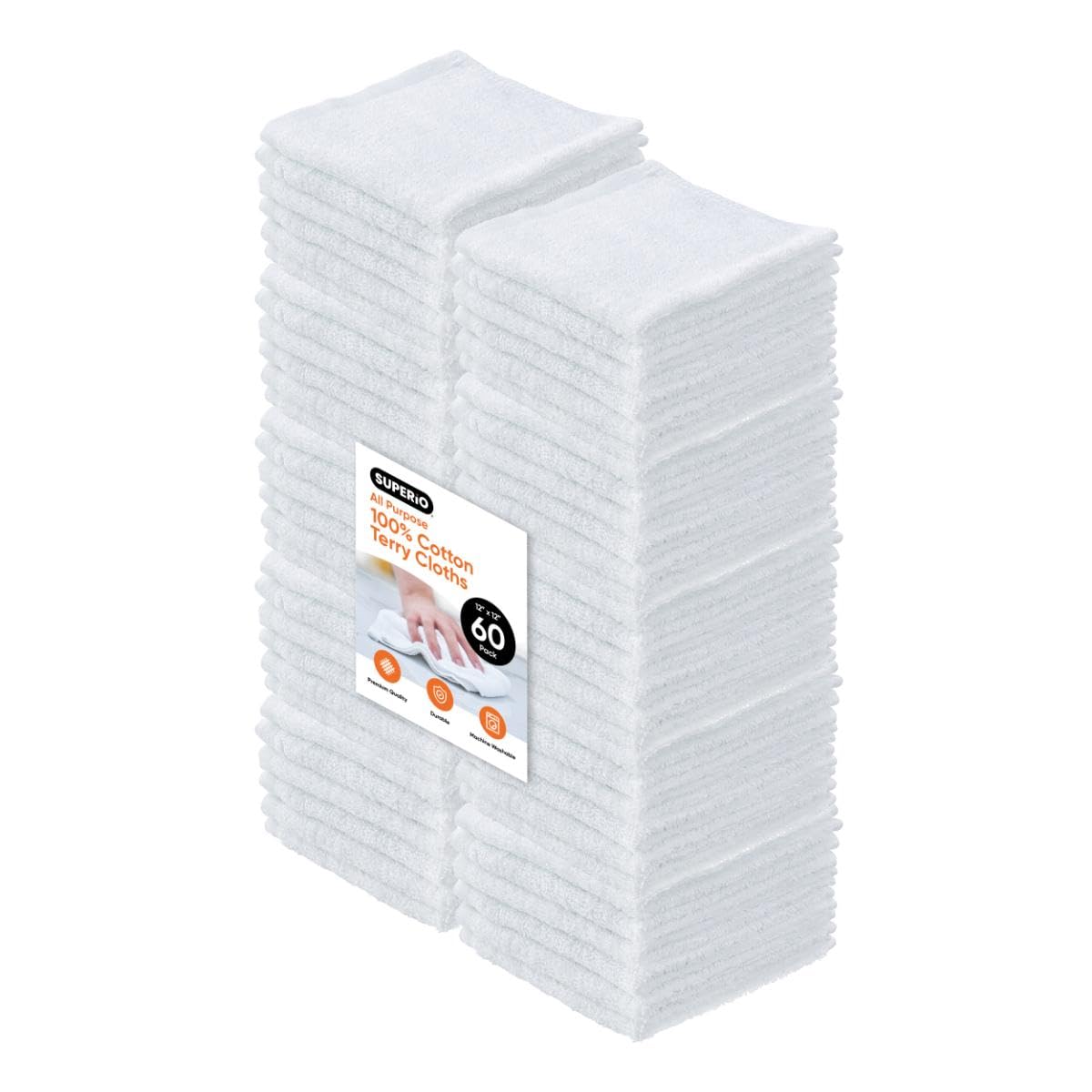 Terry Cloth Rags White Washcloths 100% Cotton 12" Cleaning Cloths (60 Count)