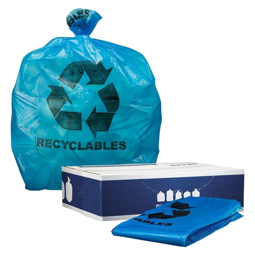 12 16 Gallon Recycling Bags │ 1.2 Mil │ Blue Garbage Can Liners with Logo │ 24
