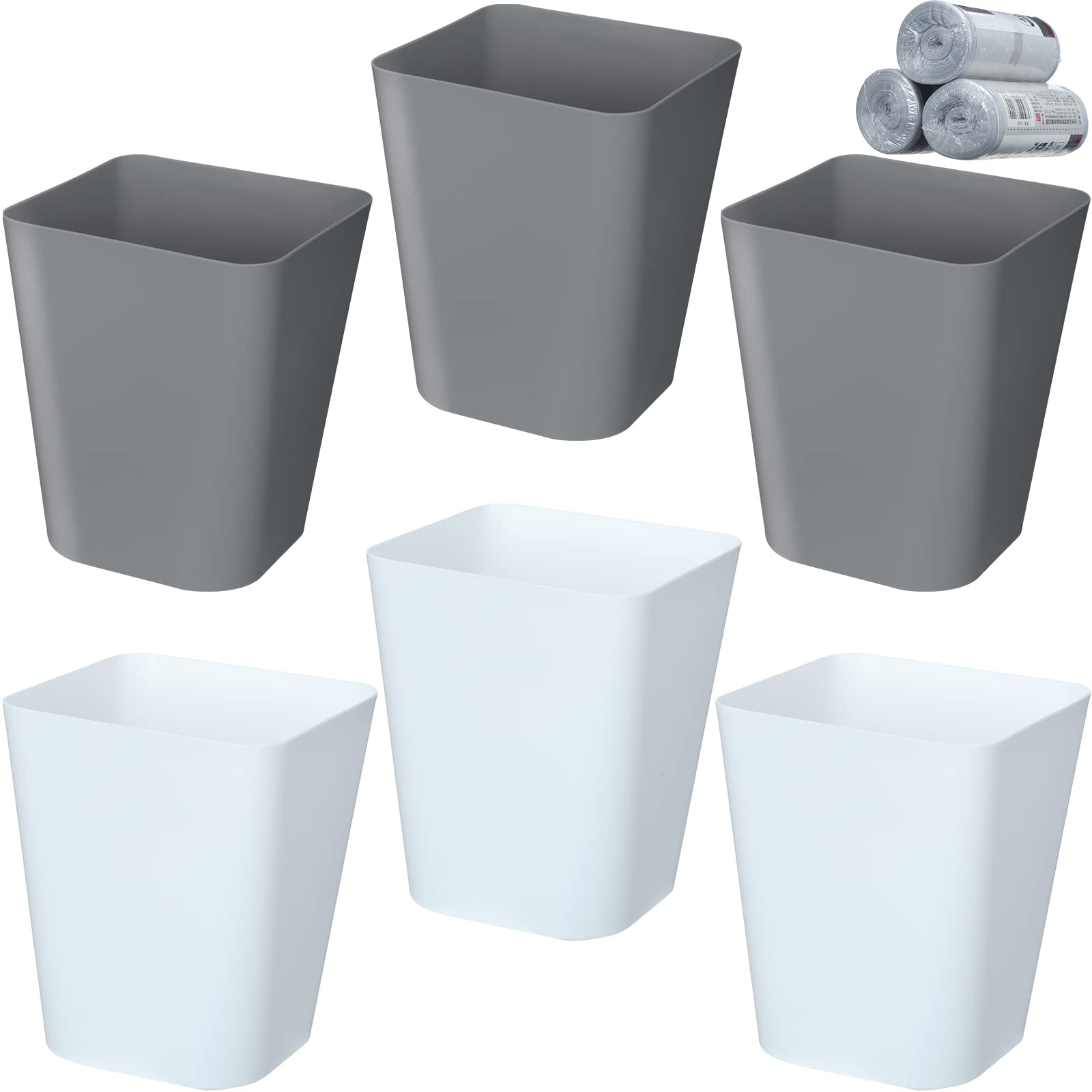 6 Pack Plastic Trash Can with 3 Rolls of Trash Bags Small Wastebasket Can Garbage Container Bin (6 Count)