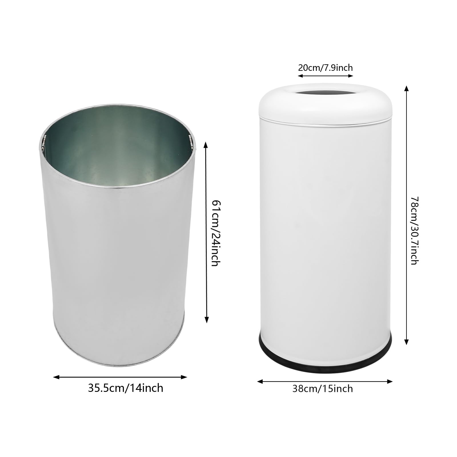 58.6 Liter 15.48 Gallon Commercial Open Top Trash Can White Stainless Steel Trash Can Outdoor Indoor Garbage Enclosure with Lid Inside Barrel