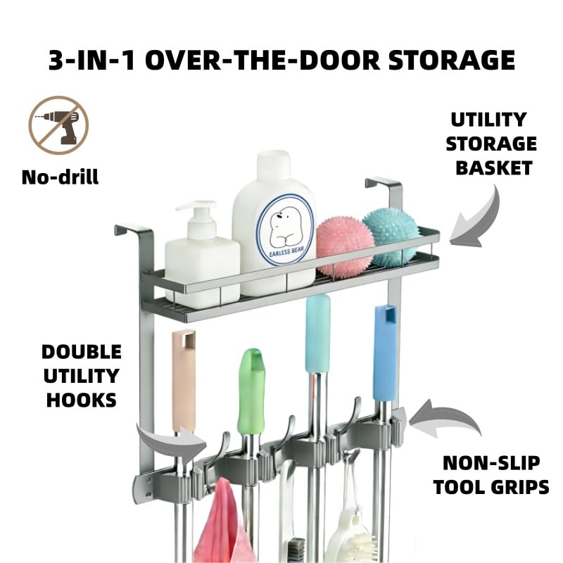 Over the Door Heavy Duty Metal Broom & Mop Holder