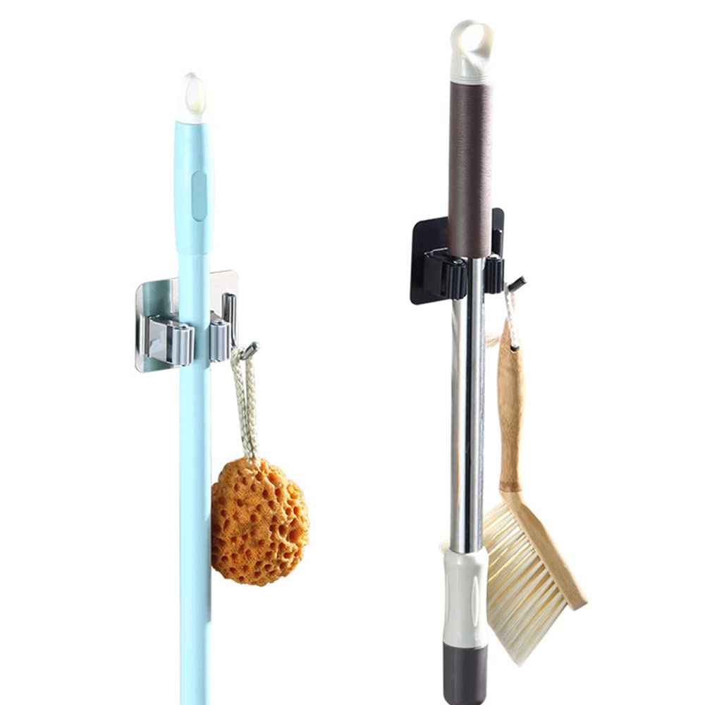 Pack of 8 Stainless Steel Broom Holder No Drill Mop Wall Mount Holder Gripper Rack with Hook Hanger Garden Tool Organizer (4 Count)