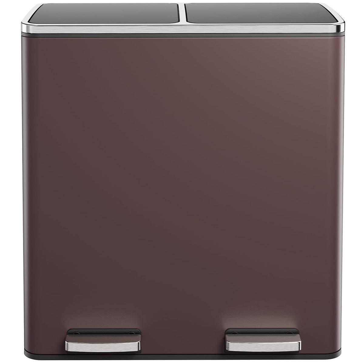 60L(16 Gal) Dual Trash Can, Stainless Steel Kitchen Garbage Can, Double Compartment Classified Rubbish Bin, Recycle Dustbin w/Plastic Inner Buckets, Handle, Soft-Close Lid, Airtight, Brown