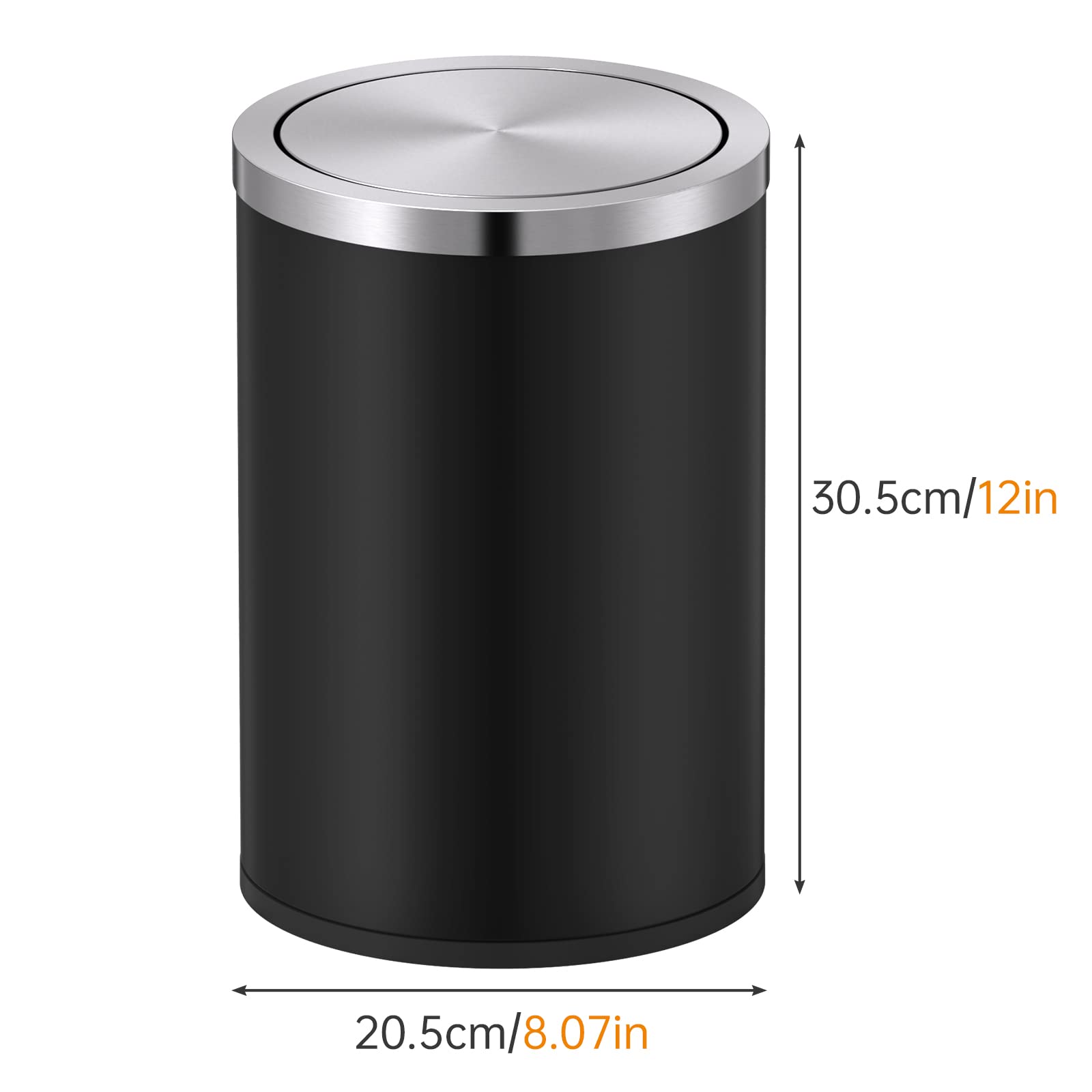 2.4 Gallons Matte Black Swing Lid Stainless Steel Trash Can