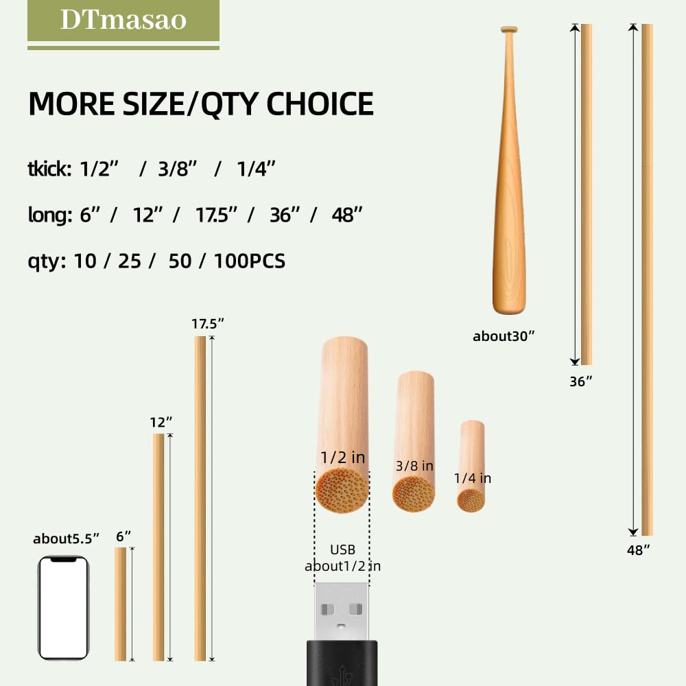 1 2 x 6 Inch 100 PCS Dowel Rods Wood Sticks Wooden Dowel Rods (100 Count)