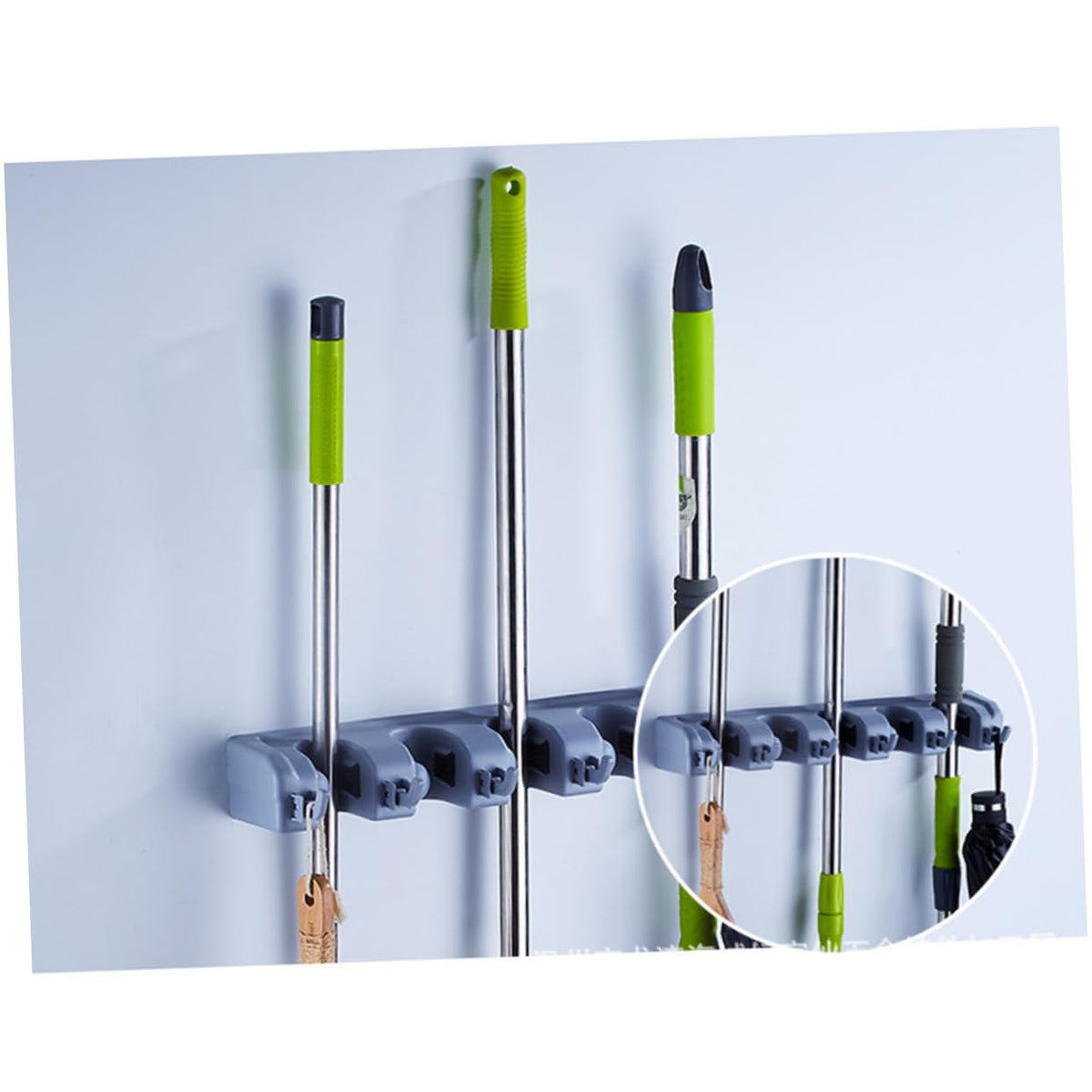 Multi Purpose Wall Mounted Mop Organizer with Grips and Hooks Storage Holder for Brooms Mops and Tools for Bathroom Kitchen and Garage Organization