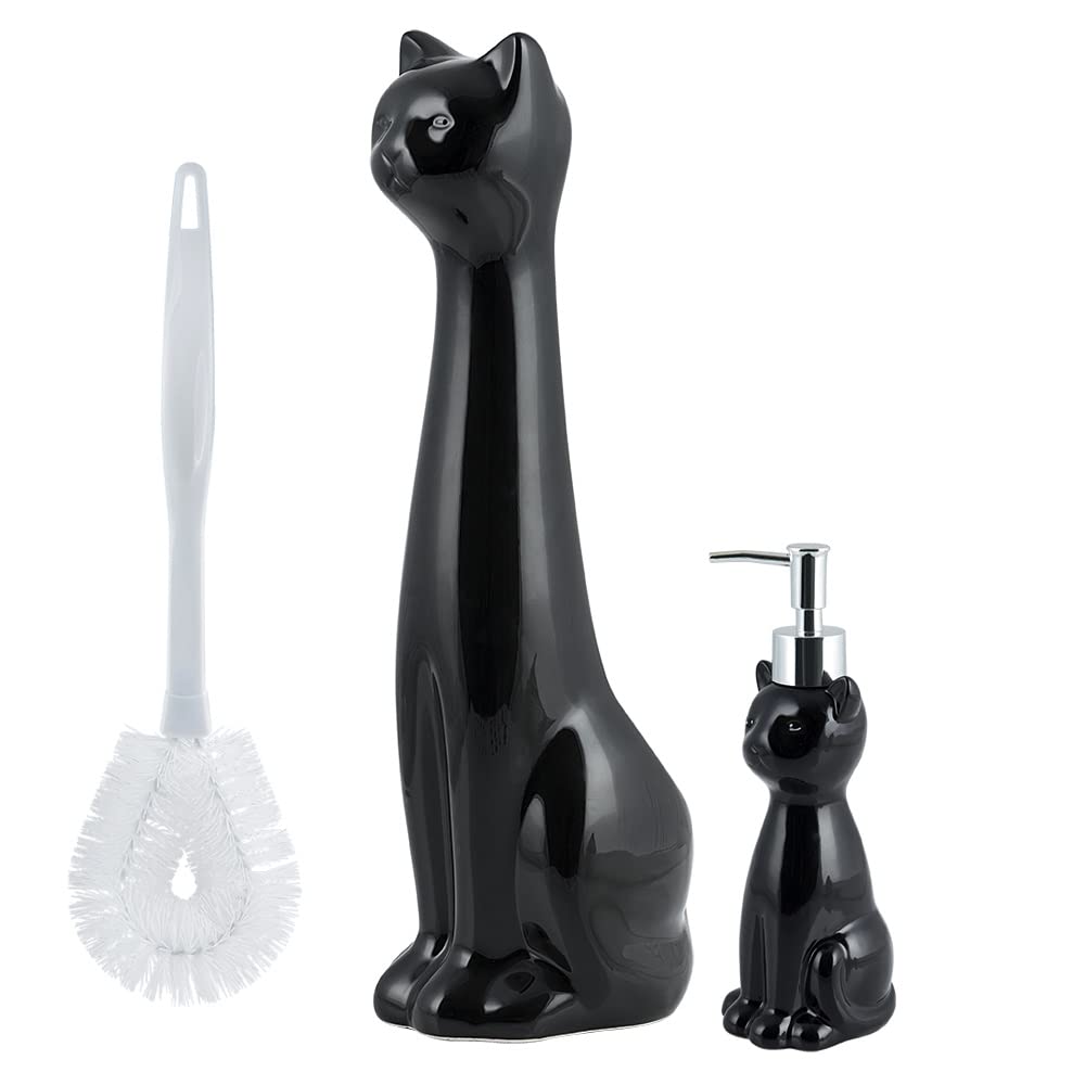 Cat 3 Piece Black Ceramic Toilet Brush Holder with White Plastic Brush and Soap Dispenser Set