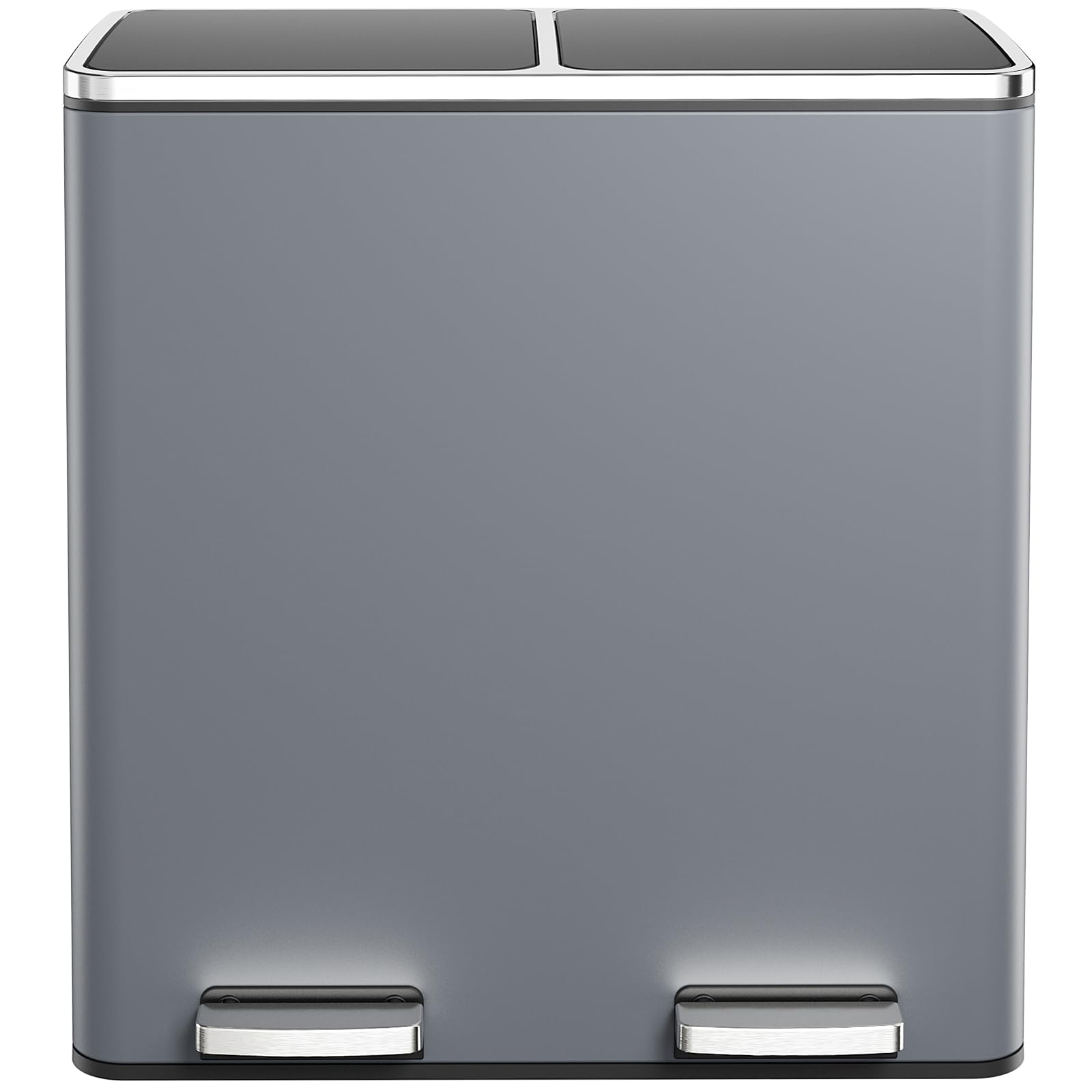 60L(16 Gal ) Dual Trash Can, Stainless Steel Kitchen Garbage Can, Double Compartment Classified Rubbish Bin, Recycle Dustbin w/Plastic Inner Buckets, Handle, Soft-Close Lid, Airtight, Grey