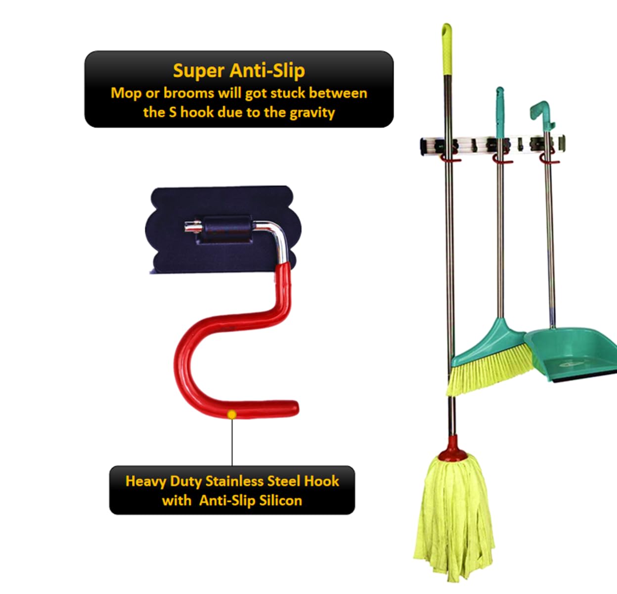 Wall Mounted Mop and Broom Holder Stainless Steel S Type Broom Rack Anti