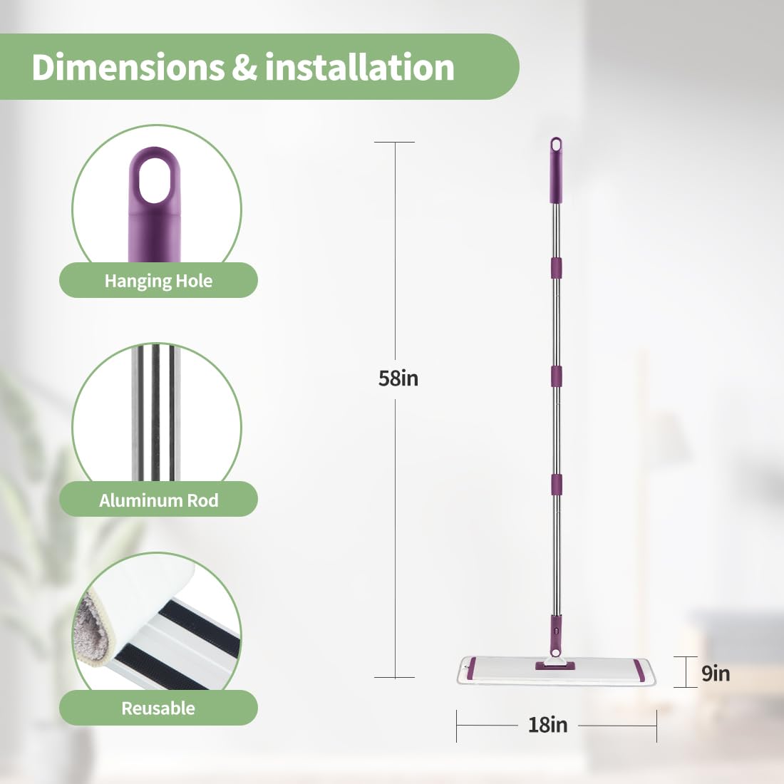 18" Commercial Flat Microfiber Floor Mop Cleaning System with 4 Washable Pads Cleaner for Laminate Tile