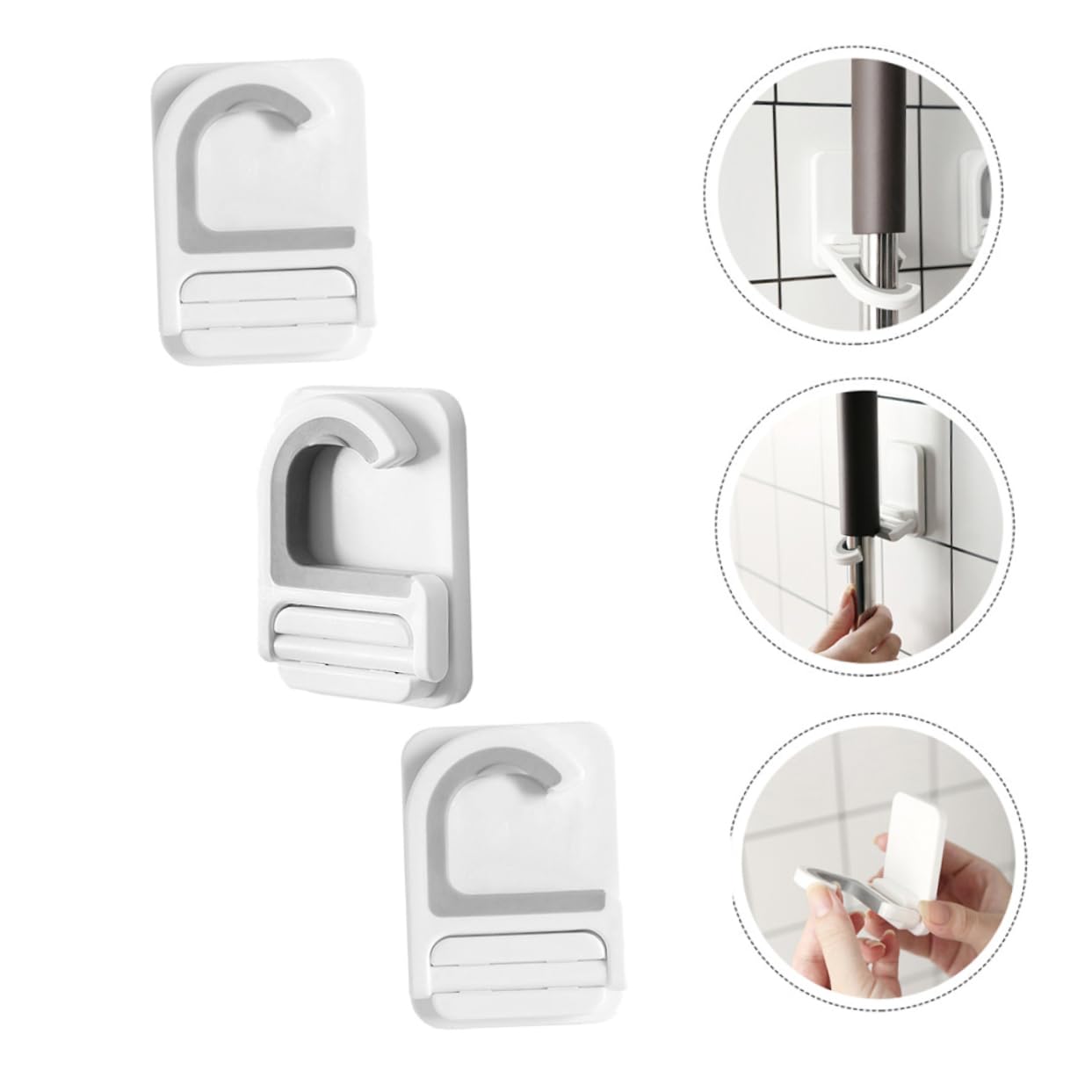 3pcs Punch Wall Mounted Mop Holder Heavy Duty Adhesive Broom Organizer Hooks Multi Functional Hanging Clips for Mop Broom Umbrella Storage Easy No Drill Installation