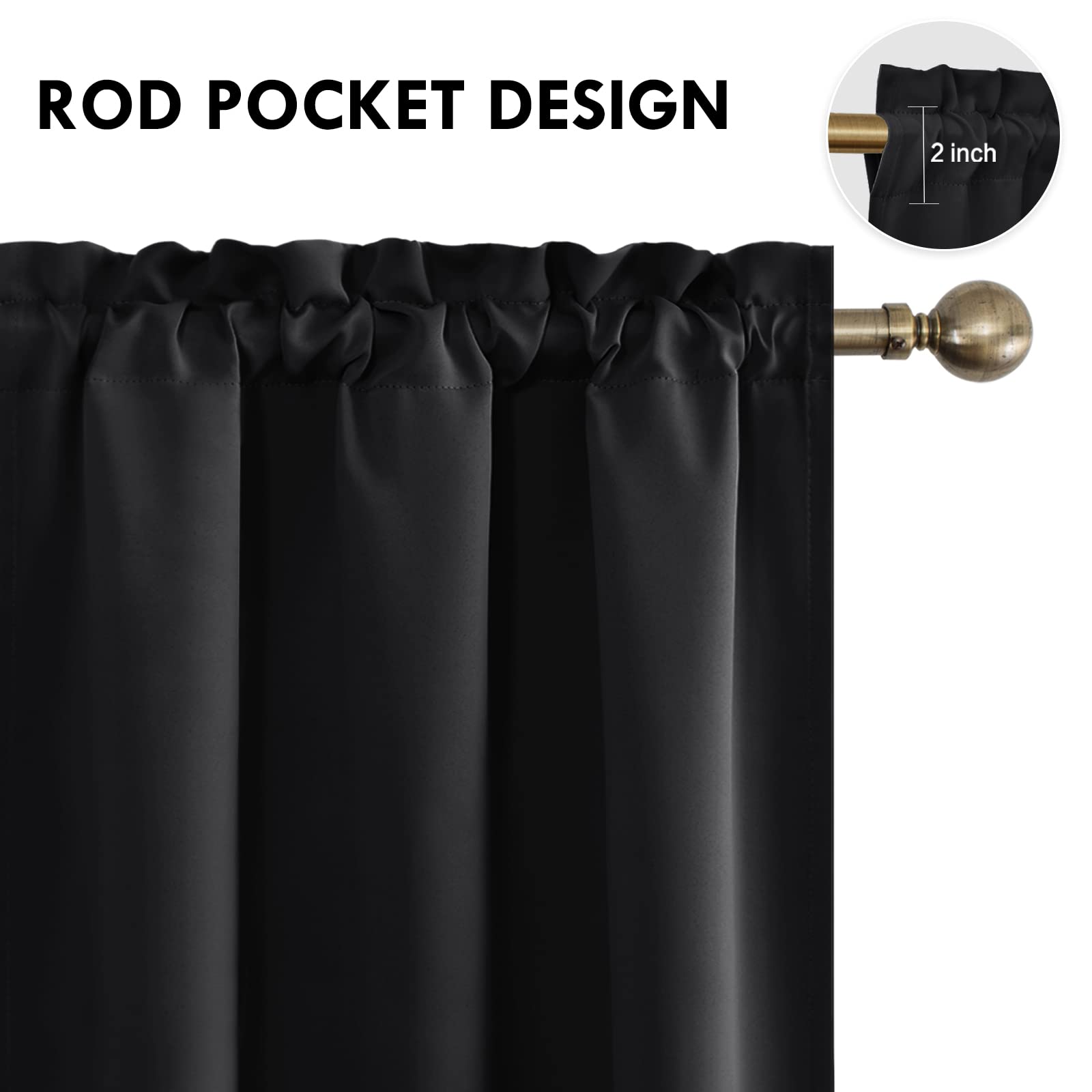 Short Blackout Curtains 42 x 36 Inch Long for Kitchen RV Bunk Black (2 Count)