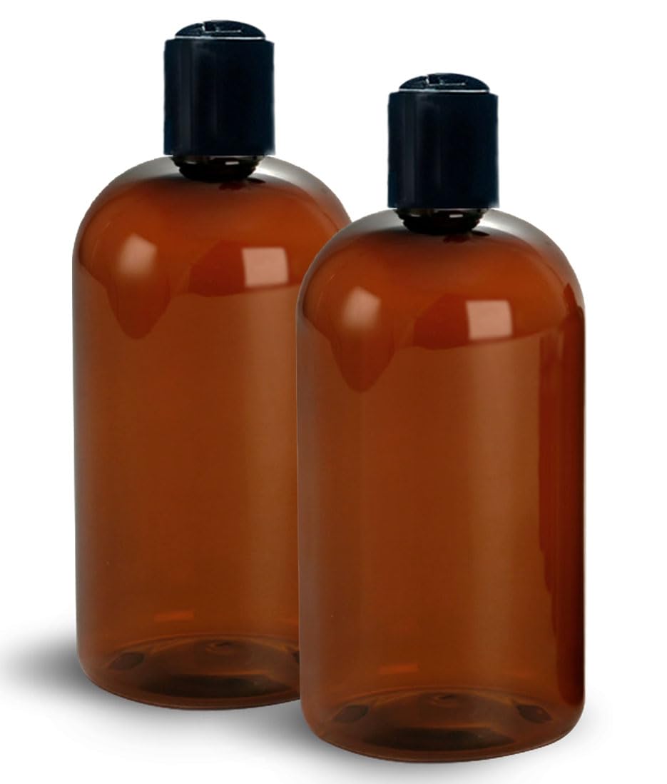 16 oz Amber Plastic Empty Bottles with Black Disc Top Caps (2 Count)