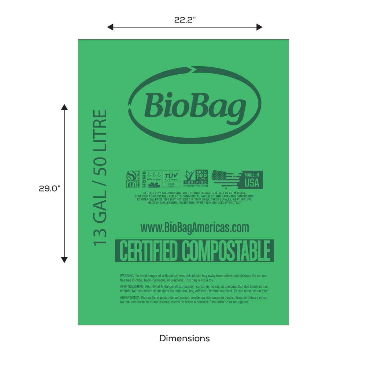 13 Gallon Tall Kitchen Compostable Trash Bags by BioBag (48 Count)