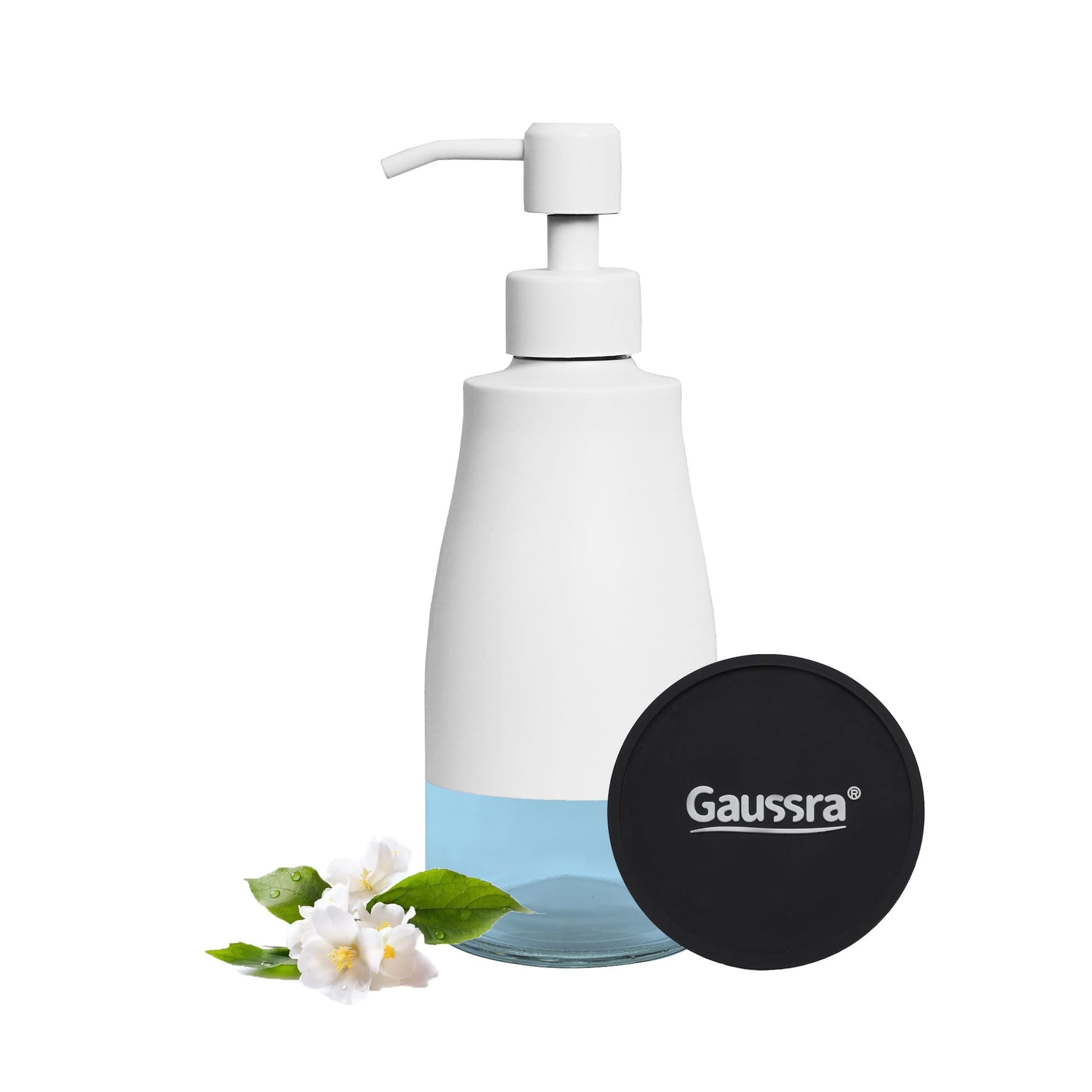 White Soap Dispenser with Coaster and Stickers