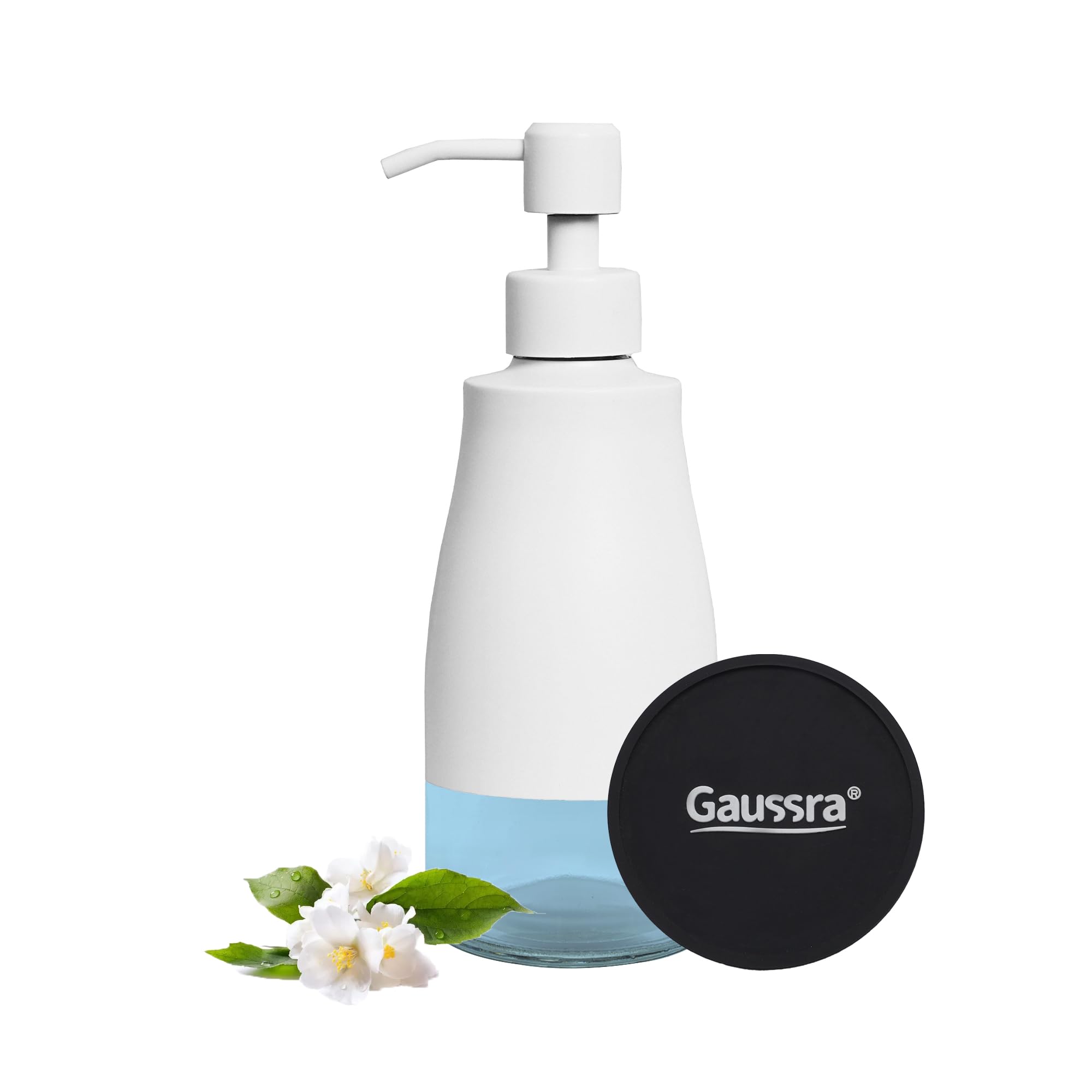 White Soap Dispenser with Coaster and Stickers