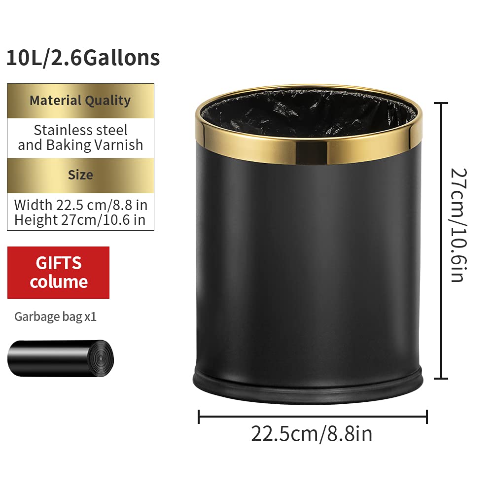 10L 2.6GAL Black and Gold Open Top Trash Can