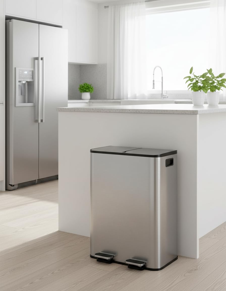 2 x 8 gal Stainless Steel Double Trash Can with Lid for Kitchen