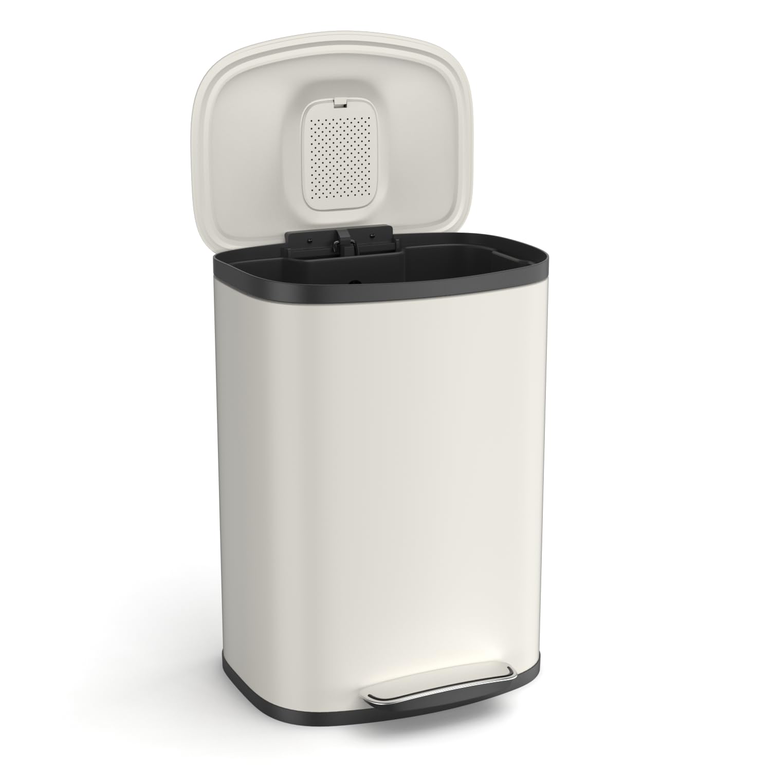 13 Gallon Stainless Steel Foot Pedal Large Trash Can with Soft Close Quiet Curved Surface Top Lid and Deodorant Storage Space