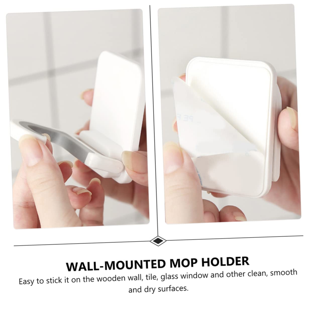 3pcs Punch Wall Mounted Mop Holder Heavy Duty Adhesive Broom Organizer Hooks Multi Functional Hanging Clips for Mop Broom Umbrella Storage Easy No Drill Installation