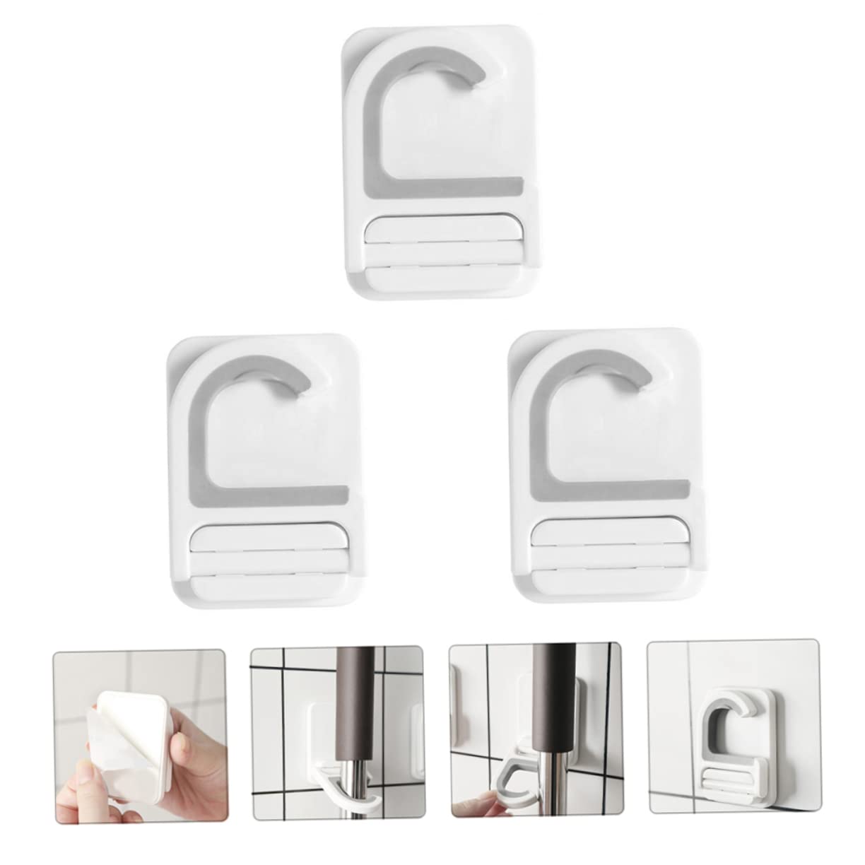 3pcs Punch Wall Mounted Mop Holder Heavy Duty Adhesive Broom Organizer Hooks Multi Functional Hanging Clips for Mop Broom Umbrella Storage Easy No Drill Installation