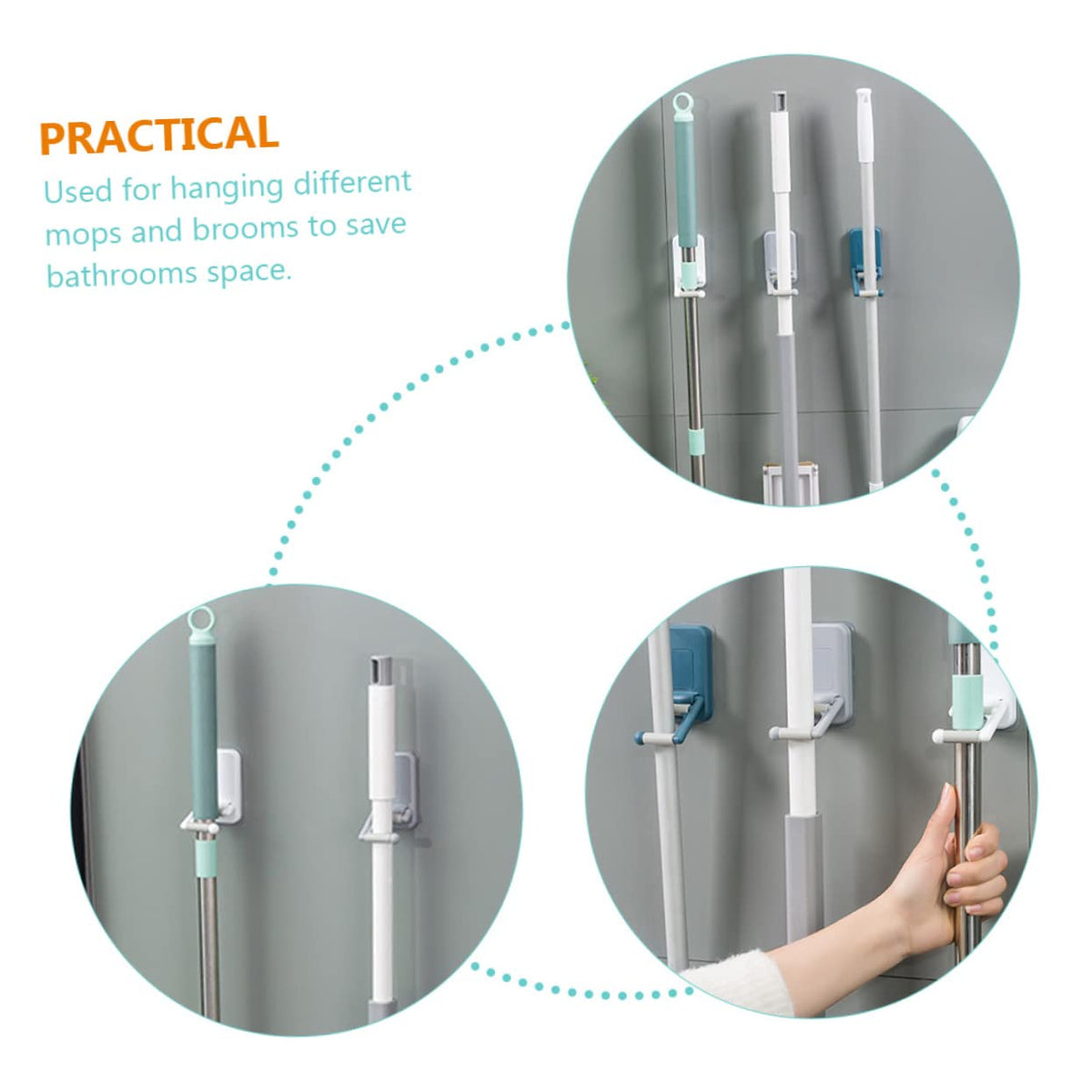 3pcs Punch Free Mop Hook Wall Mount Adhesive Broom Holder No Drilling Mop Organizer for Household Cleaning Sturdy and Convenient Grippers Random Color