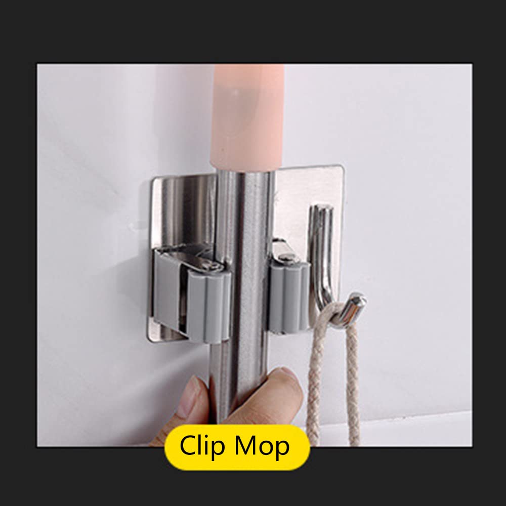 Pack of 4 Stainless Steel Broom Holder No Drill Mop Wall Mount Holder Gripper Rack with Hook Hanger Garden Tool Organizer (4 Count)