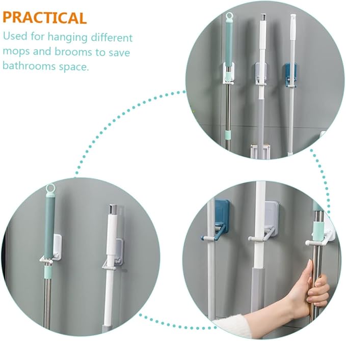 3pcs Microfiber Mop and Broom Holder Wall Mount Adhesive Mop Hanger Space Saving Broom Rack for Floor Cleaner Easy Install for Home