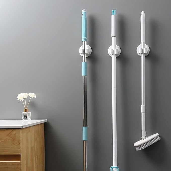 3pcs White Suction Cup Mop and Broom Holder Wall Mounted Clamp Set for Kitchen Laundry Garage Storage Organizer