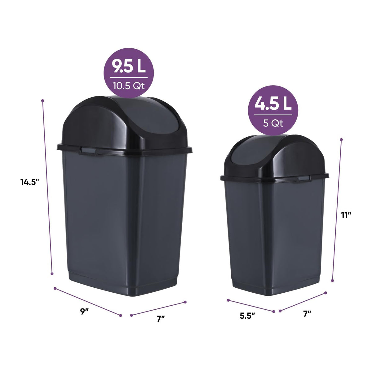 Mini 1.25 Gallon and Small 2.5 Gallon Plastic Trash Cans with Swing Top Lid (2 Count)