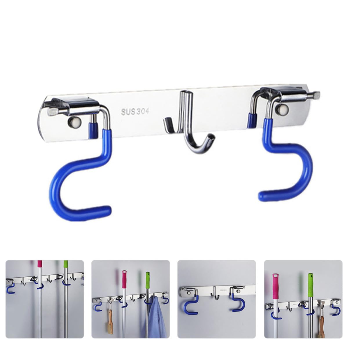 304 Stainless Steel Mop and Broom Holder Wall Mounted Rack with 2 Mop Grippers and 1 Hook