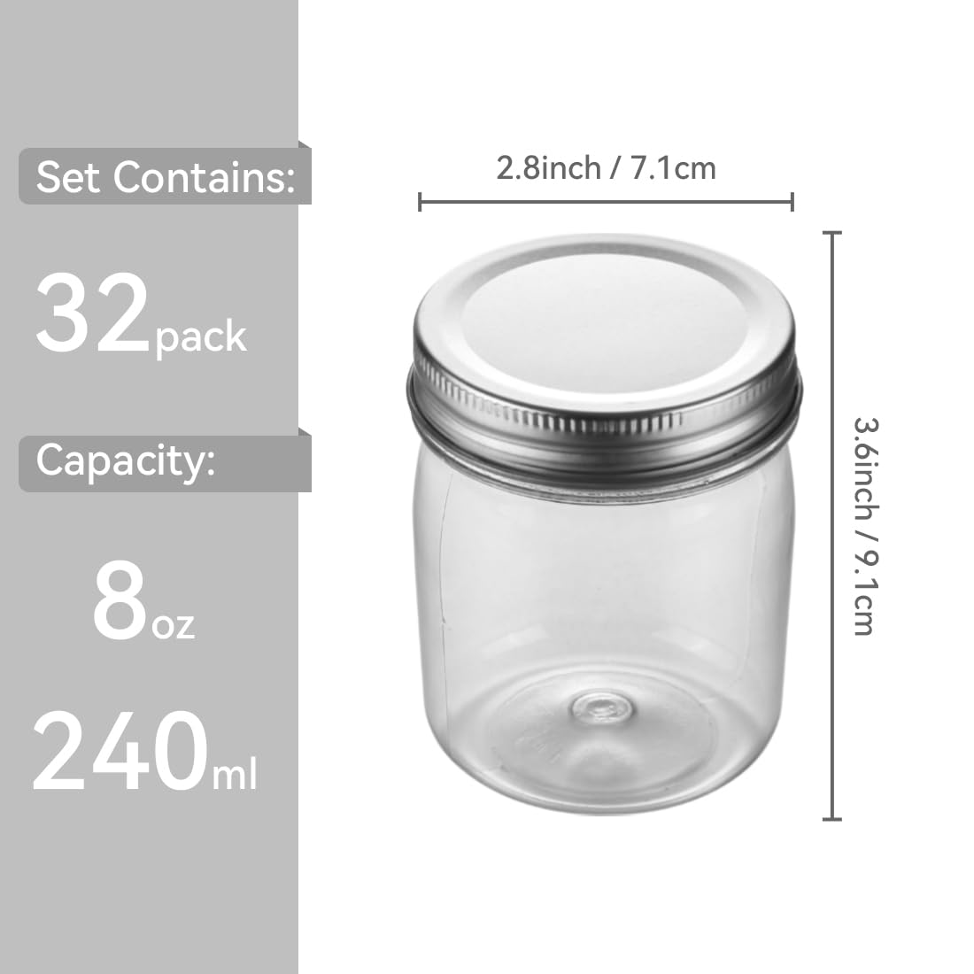 Plastic 32 Pack Mason Jars 8Oz Reusable Storage Containers with Lid