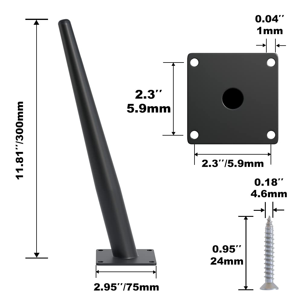 4PCS 12 Inch Matte Black Tapered Angled Legs for Furniture