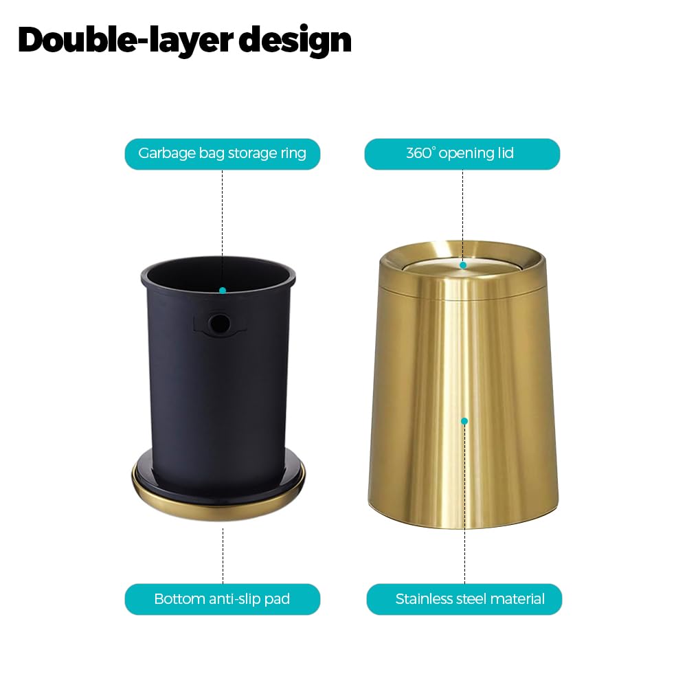 8L 2.1Gal Gold Brushed Stainless Steel Trash Can with Swing Cover