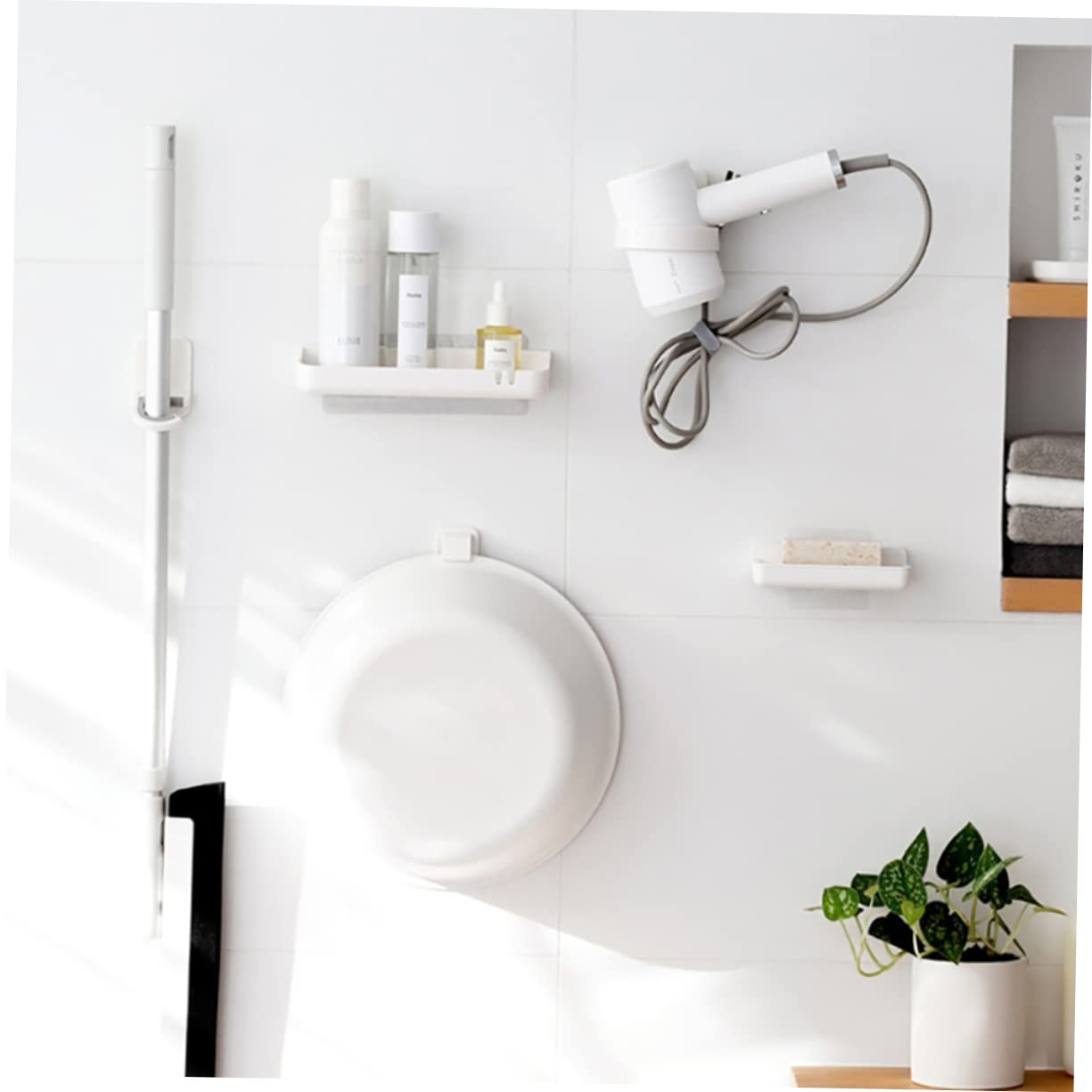 3pcs Punch Wall Mounted Mop Hooks Mop Organizer Multi Functional Broom Holder for Home Kitchen Garage Storage