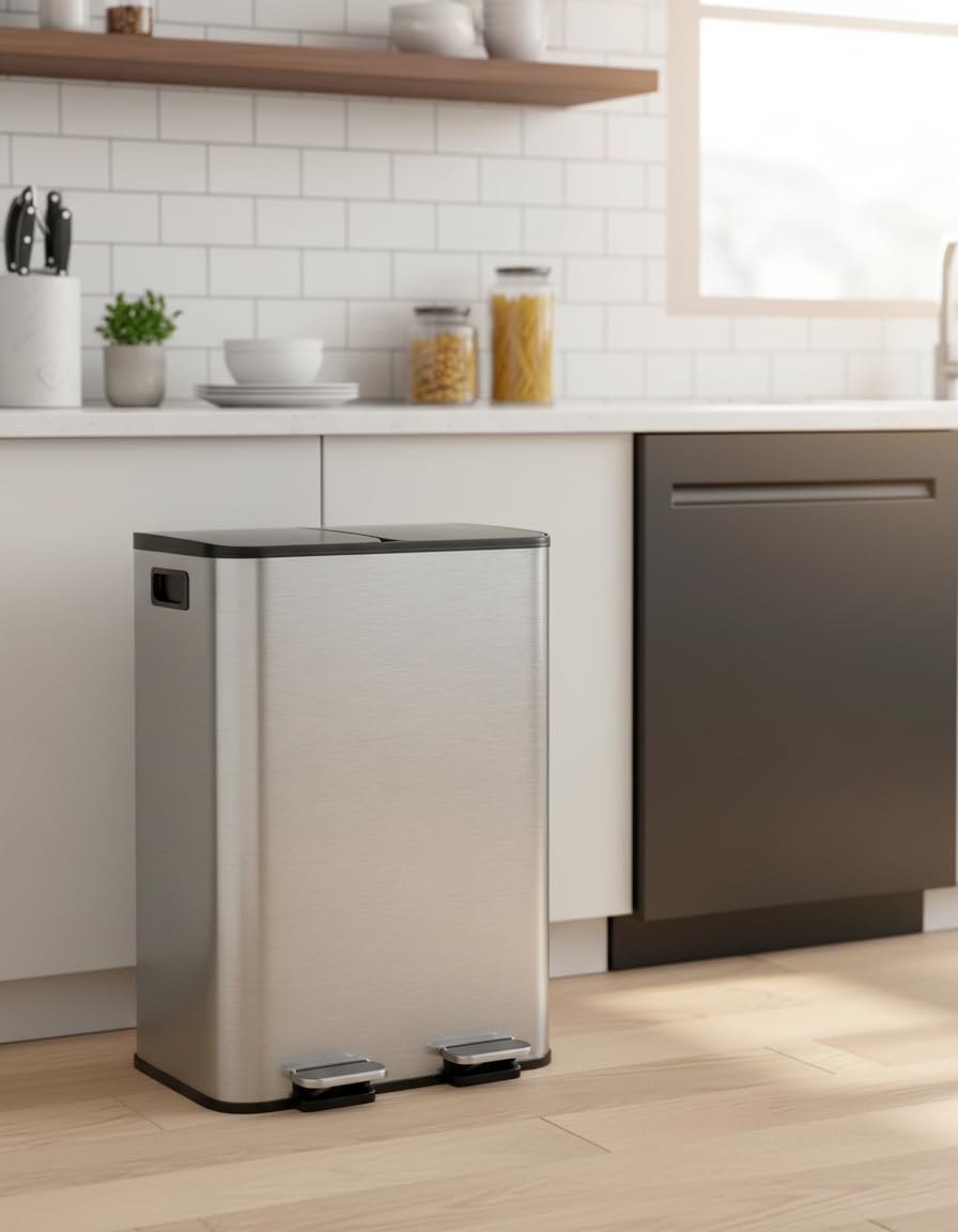 2 x 8 gal Stainless Steel Double Trash Can with Lid for Kitchen