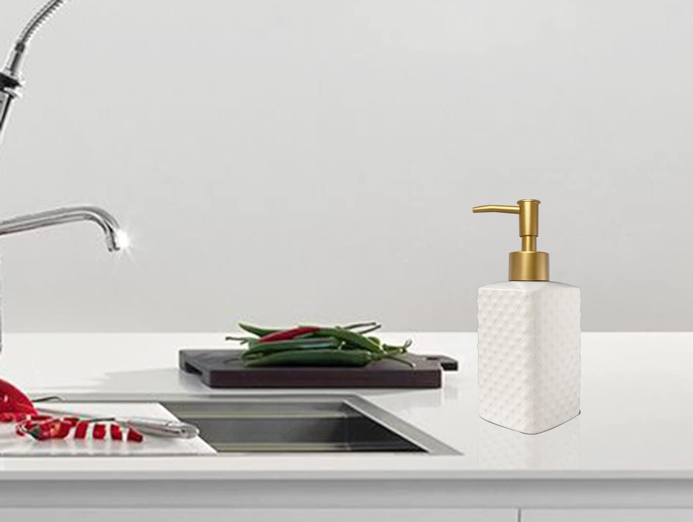 Chic Unique White Soap Dispenser for Bathroom with Golden Pump