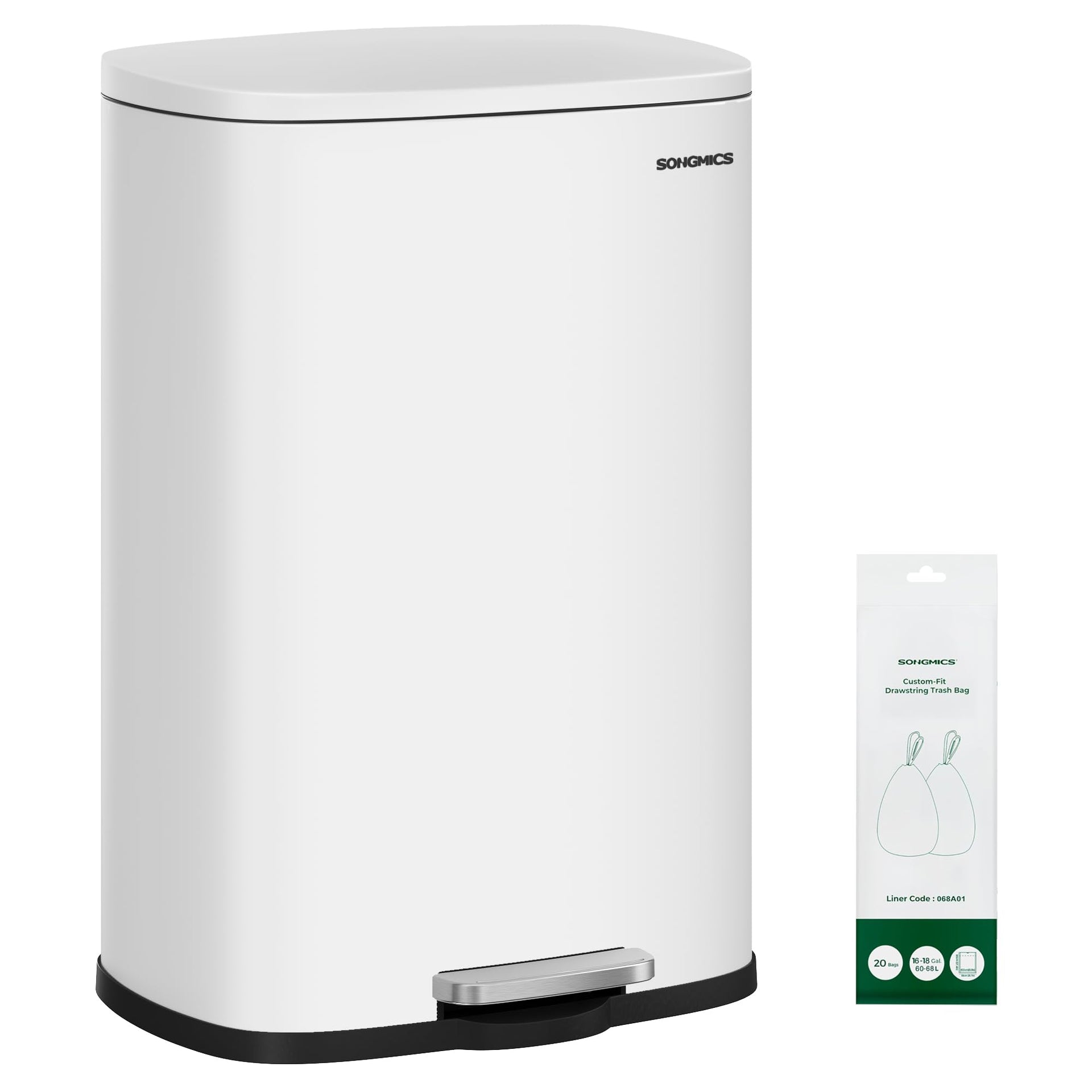 20-Gallon (75 L) Trash Can, Stainless Steel Kitchen Garbage Can, Recycling or Waste Bin, Soft Close, Step-On Pedal, Removable Inner Bucket, White ULTB075WZ01
