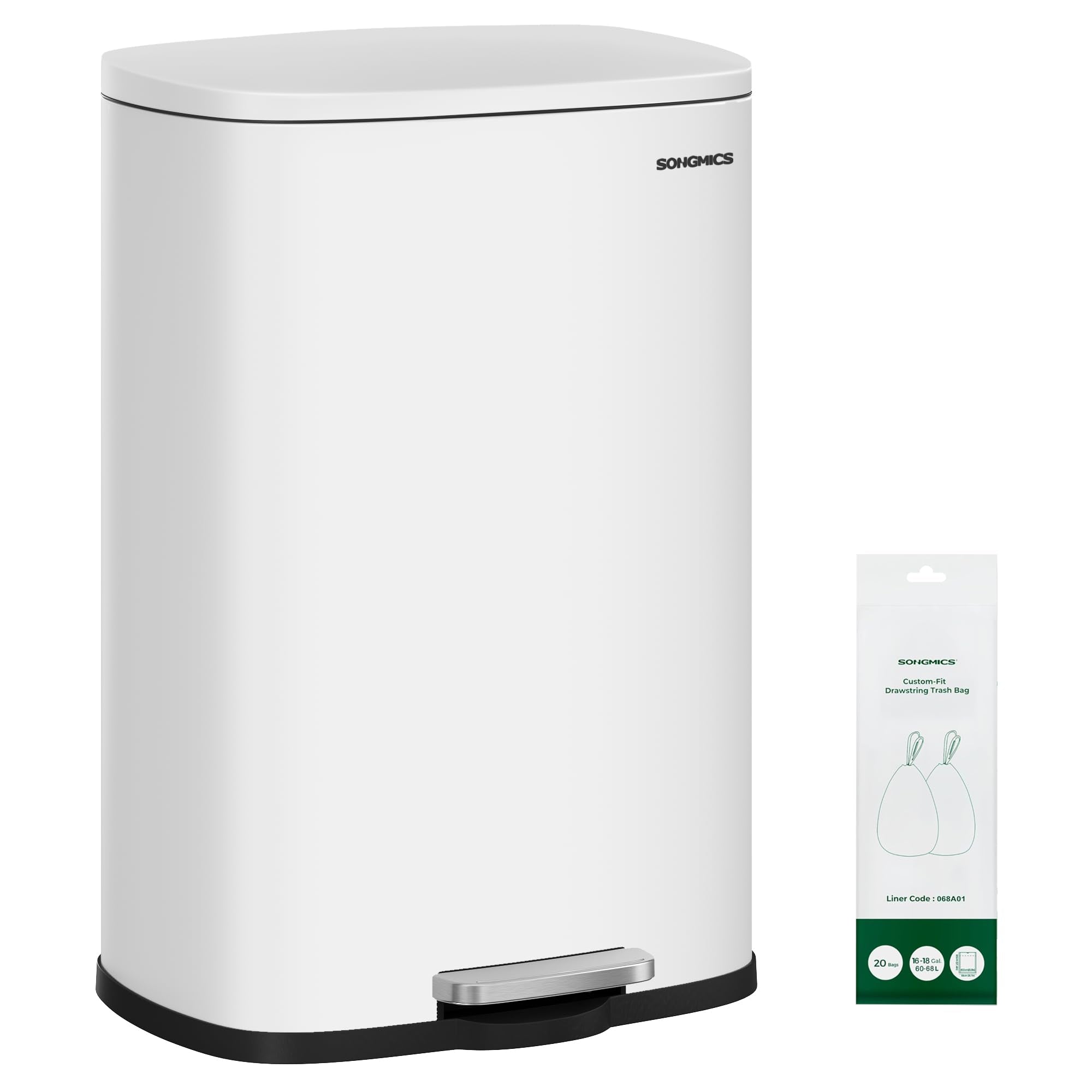 20-Gallon (75 L) Trash Can, Stainless Steel Kitchen Garbage Can, Recycling or Waste Bin, Soft Close, Step-On Pedal, Removable Inner Bucket, White ULTB075WZ01