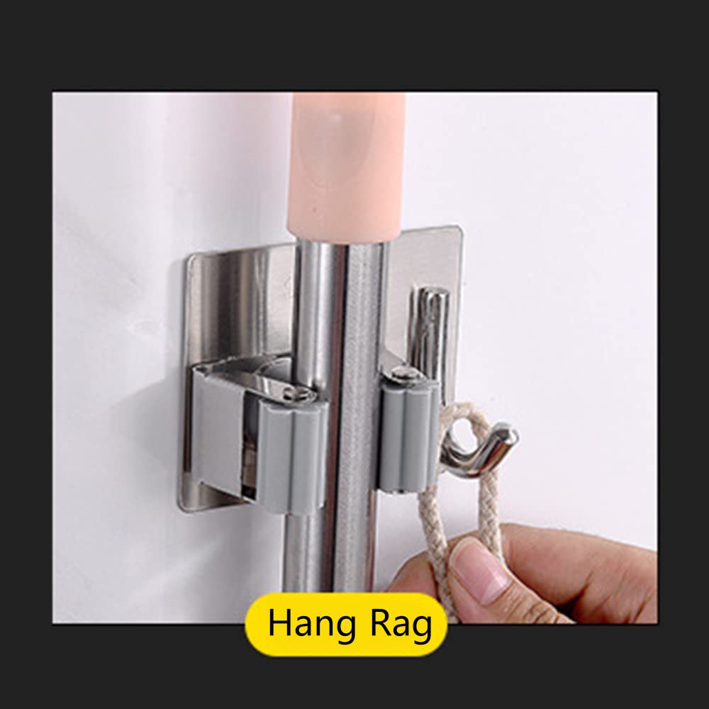Pack of 4 Stainless Steel Broom Holder No Drill Mop Wall Mount Holder Gripper Rack with Hook Hanger Garden Tool Organizer (4 Count)