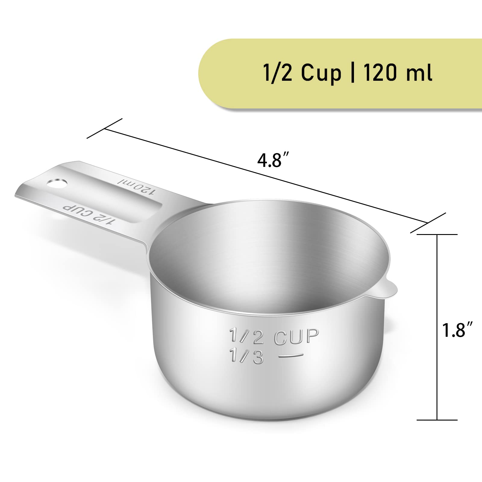 1PCS 1/2CUP(120ml, 4oz) Measuring Cup, 18/8 Stainless Steel Measure Scoop