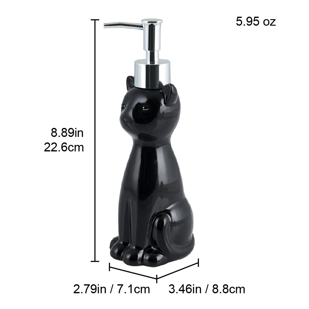 Cat 3 Piece Black Ceramic Toilet Brush Holder with White Plastic Brush and Soap Dispenser Set